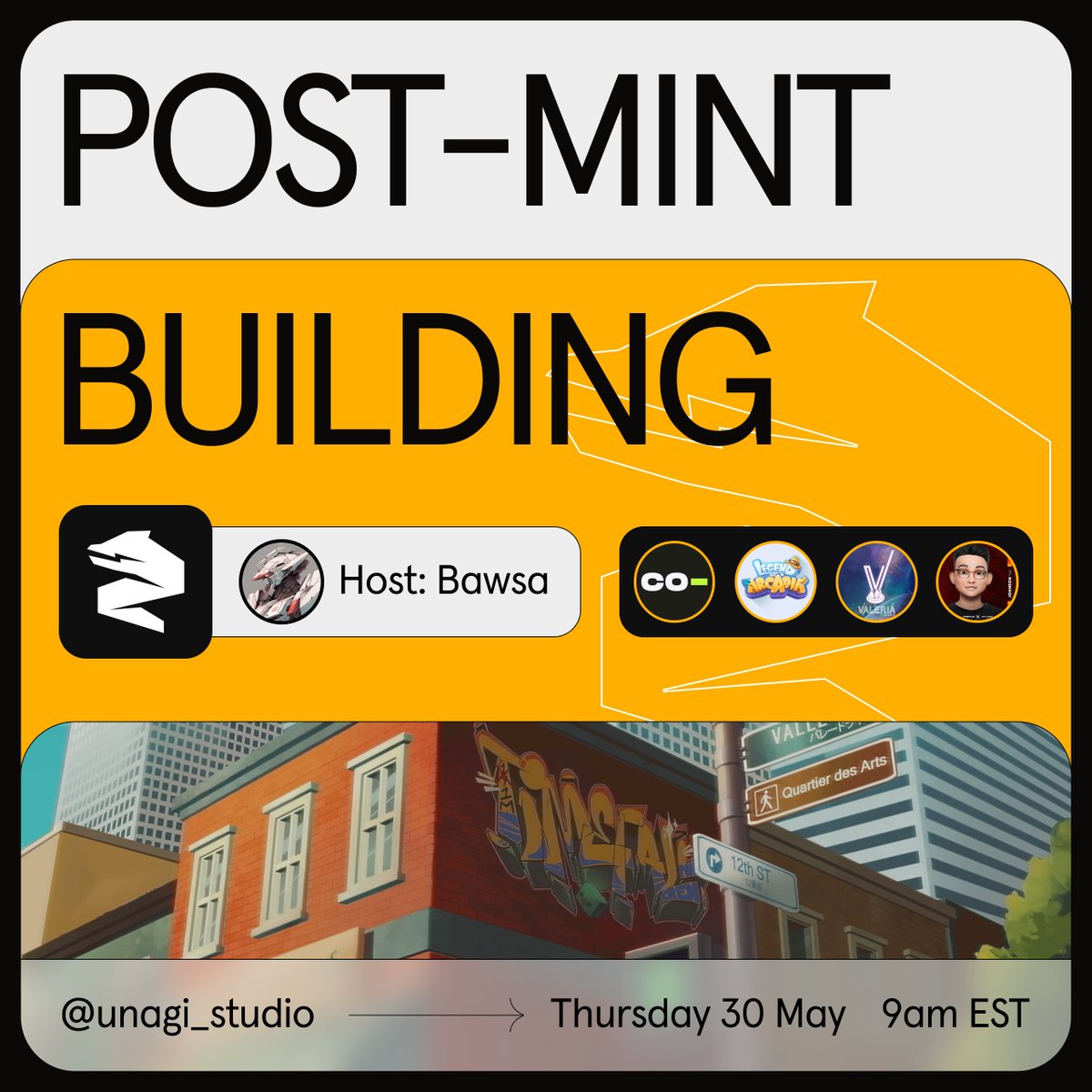 Unagi (@unagi_studio) on Twitter photo Post-mint Building
⏰ May 30th, 9AM EST
with @nftbawsa <a href="/ValeriaStudios/">Valeria Games</a> <a href="/LegendofArcadia/">Legend of Arcadia I #LOAS3 LIVE NOW</a> <a href="/co_museum/">Co-Museum</a> & <a href="/Johnson_ambrus/">Johnson Yeh | E4C</a>
Set your reminders below 👇 Post-mint Building
⏰ May 30th, 9AM EST
with @nftbawsa <a href="/ValeriaStudios/">Valeria Games</a> <a href="/LegendofArcadia/">Legend of Arcadia I #LOAS3 LIVE NOW</a> <a href="/co_museum/">Co-Museum</a> & <a href="/Johnson_ambrus/">Johnson Yeh | E4C</a>
Set your reminders below 👇