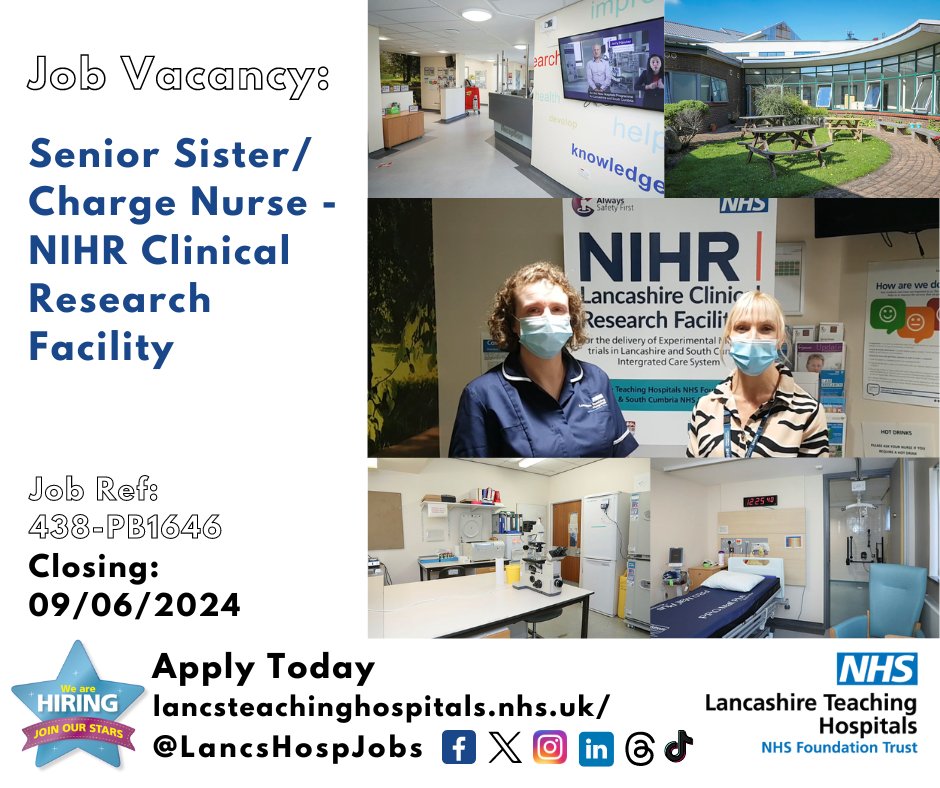Lancashire Teaching Hospitals Jobs đź’™ (@lancshospjobs) on Twitter photo Job Vacancy: Senior Sister/Charge Nurse - NIHR Clinical Research Facility <a href="/LancsHospitals/">Chorley & Royal Preston</a>
⏰Closes: 09/06/2024
Read more and apply: lancsteachinghospitals.nhs.uk/join-our-workf…
#NHS #NHSjobs #lancashire #LancashireJobs #SeniorSister #ChargeNurse #band7 #ClinicalResearch #Preston <a href="/NIHRresearch/">National Institute for Health and Care Research</a> Job Vacancy: Senior Sister/Charge Nurse - NIHR Clinical Research Facility <a href="/LancsHospitals/">Chorley & Royal Preston</a>
⏰Closes: 09/06/2024
Read more and apply: lancsteachinghospitals.nhs.uk/join-our-workf…
#NHS #NHSjobs #lancashire #LancashireJobs #SeniorSister #ChargeNurse #band7 #ClinicalResearch #Preston <a href="/NIHRresearch/">National Institute for Health and Care Research</a>