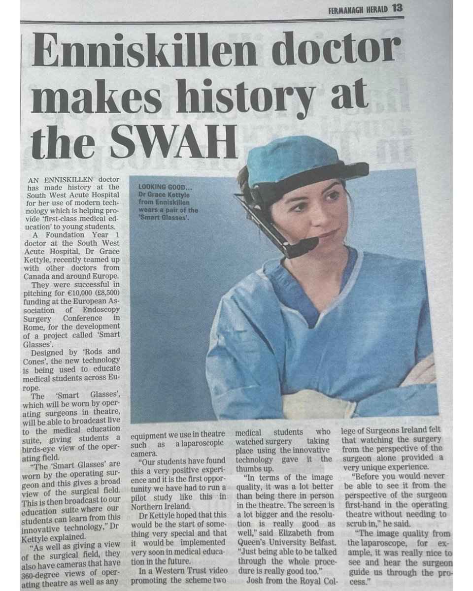 We are excited to share an article recently published in the @Ferm_Herald , highlighting the groundbreaking work of Dr. Grace Kettyle at the South West Acute Hospital. 👉 lnkd.in/dJf7-6DH #SmartGlasses #MedicalEducation #telepresence #telementoring #teleproctoring