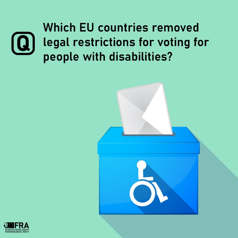EURightsAgency's tweet photo. Which EU countries removed legal voting restrictions for people with disabilities?

A new #EURightsAgency report examines recent developments &amp; suggests ways to ensure #DisabilityRights are respected.

Find out more: https://t.co/VkbVefjlQi

#UseYourVote #DisabilityVote