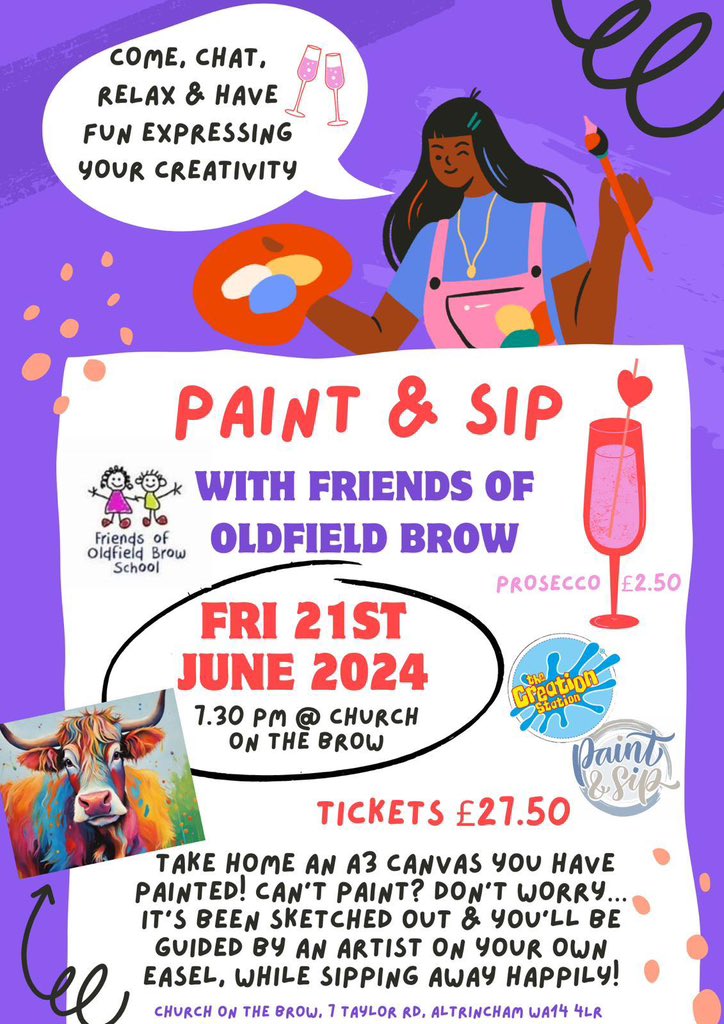 We are excited to host a Paint &amp; Sip event! 🧑‍🎨🥂Take home a canvas you have painted, sketched out by an artist guiding you through, while enjoying your favourite tipple! Tickets £27.50 &amp; go towards a new EYFS climbing frame @OFBrowPrimary - sign up here bit.ly/3V4kEQW 🎨
