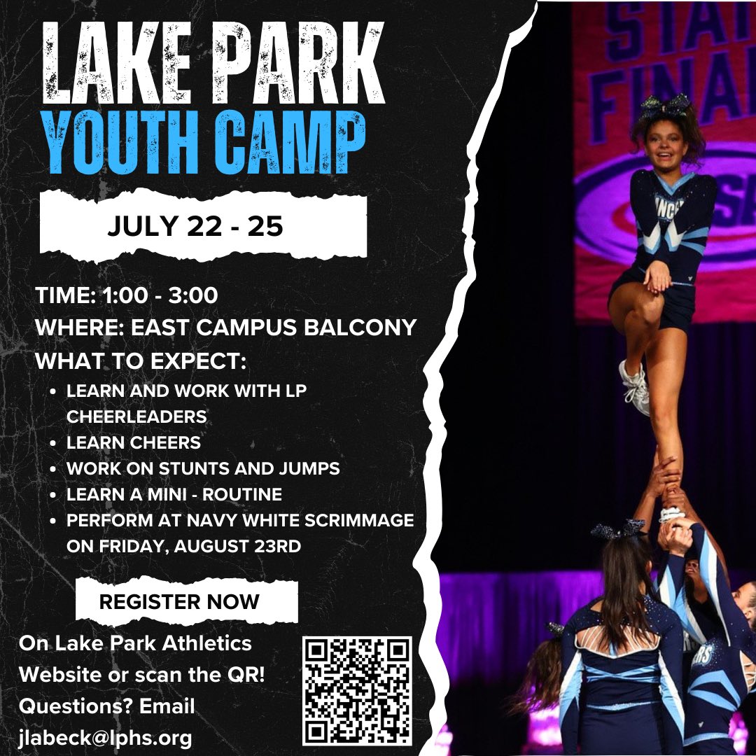Join us July 22-25 for our Youth Cheer Camp! This is open to everyone from grades K-8, all are welcome! Scan the QR code for the link to registration! We look forward to seeing and working with you!  ‼️sign up by July 12th to ensure a t-shirt‼️
