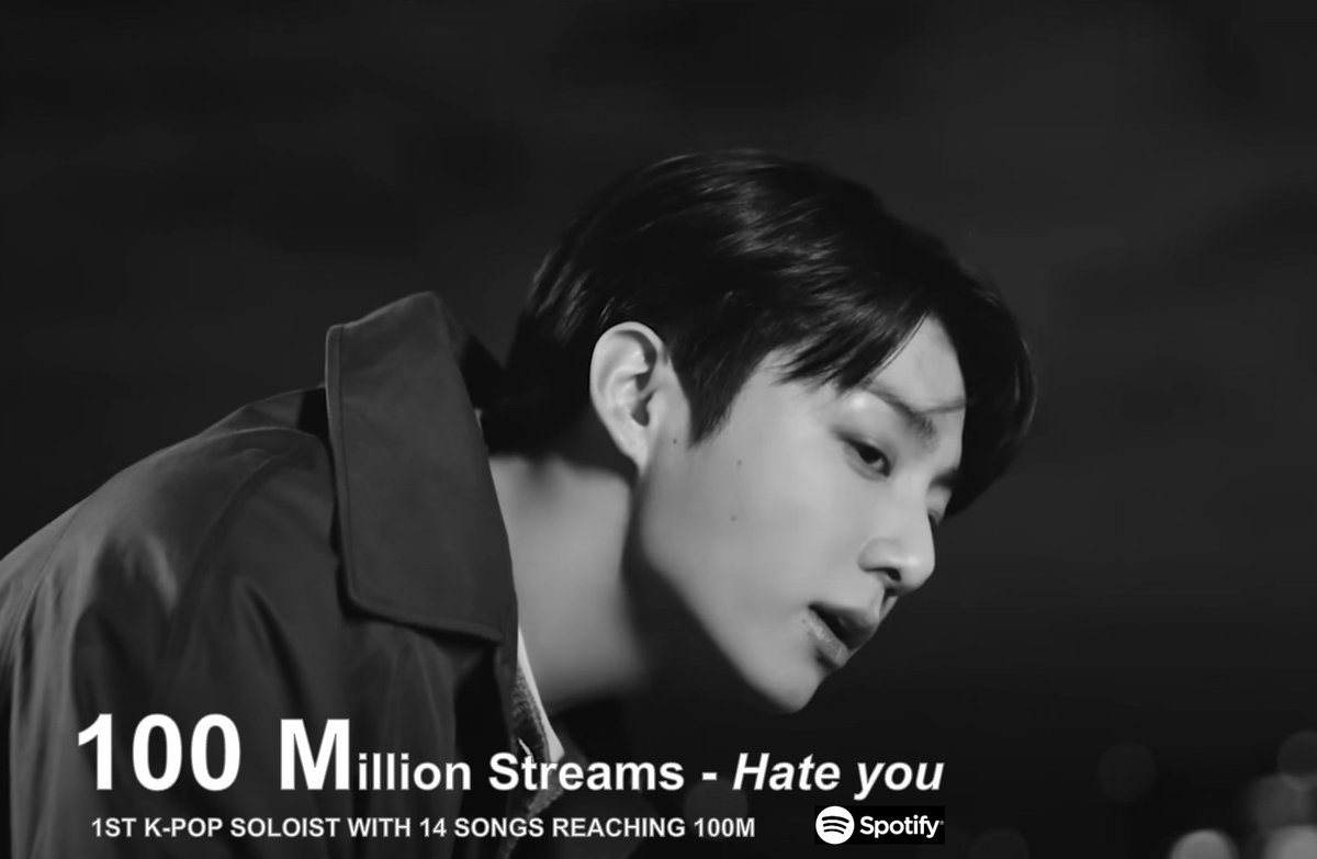 #JungKook's 'Hate You' has surpassed 100 MILLION Streams with Jungkook becoming the 1st K-Pop Soloist in history to have 14 songs with over 100 MILLION streams each on Spotify!💪1⃣🇰🇷👨‍🎤💥💯Ⓜ️🎧✖️1⃣4⃣🎶🔥👑🖤

Hate You 🆕
Standing Next To You
3D
Seven 
Left and Right 
Dreamers