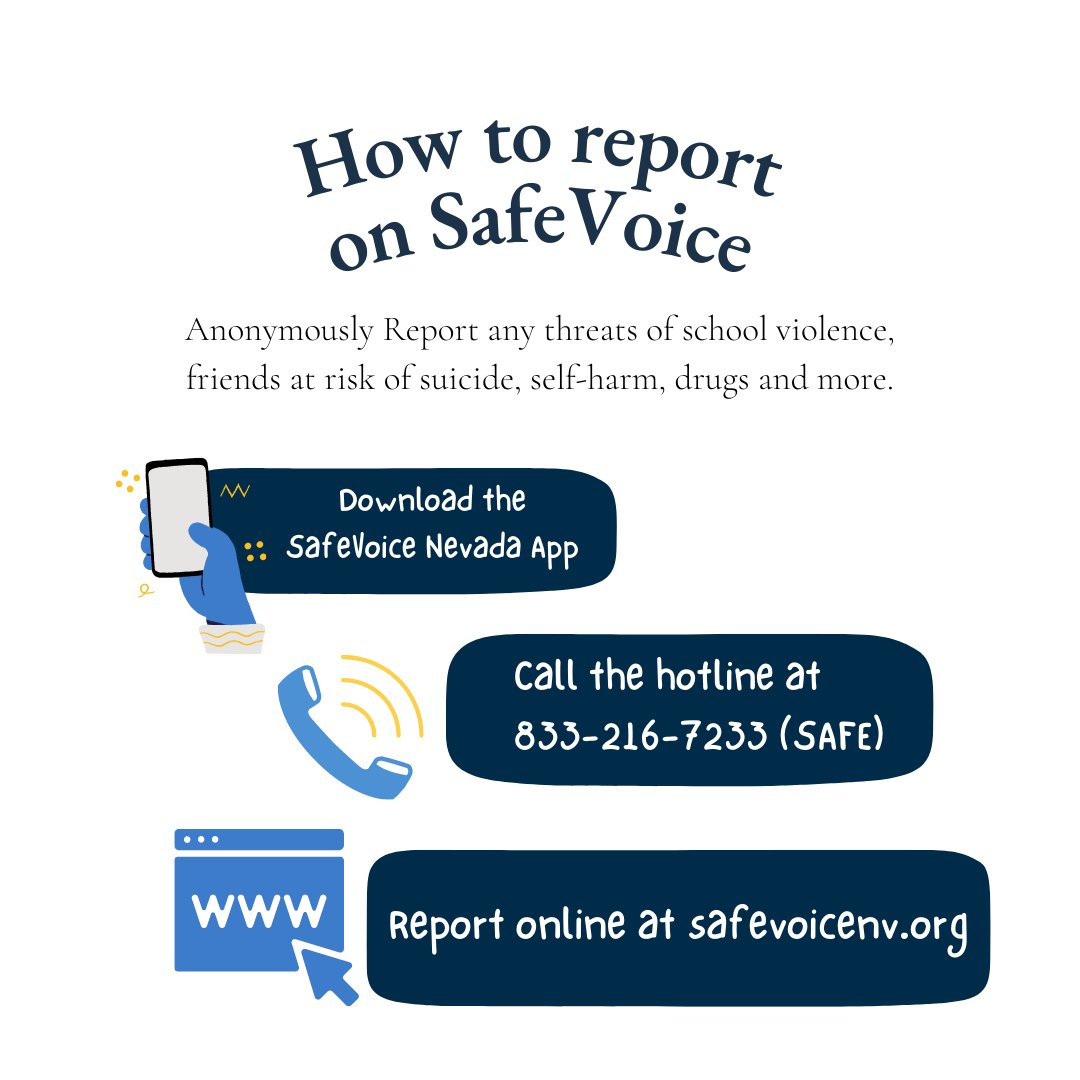 Students and parents can use #SafeVoice to report threats to students, including incidents of bullying with the OPTION of remaining ANONYMOUS. #SafeVoice is available 24 hours a day at safevoicenv.org or at 833-216-7233. Add the app for FREE.