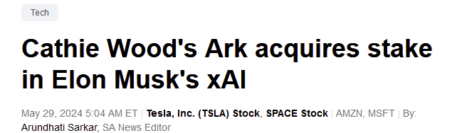 キャシー・ウッド氏のファンド、ARK Venture Fund (ARKVX)が、イーロン・マスク氏の人工知能スタートアップxAIに投資したことが報道されています。