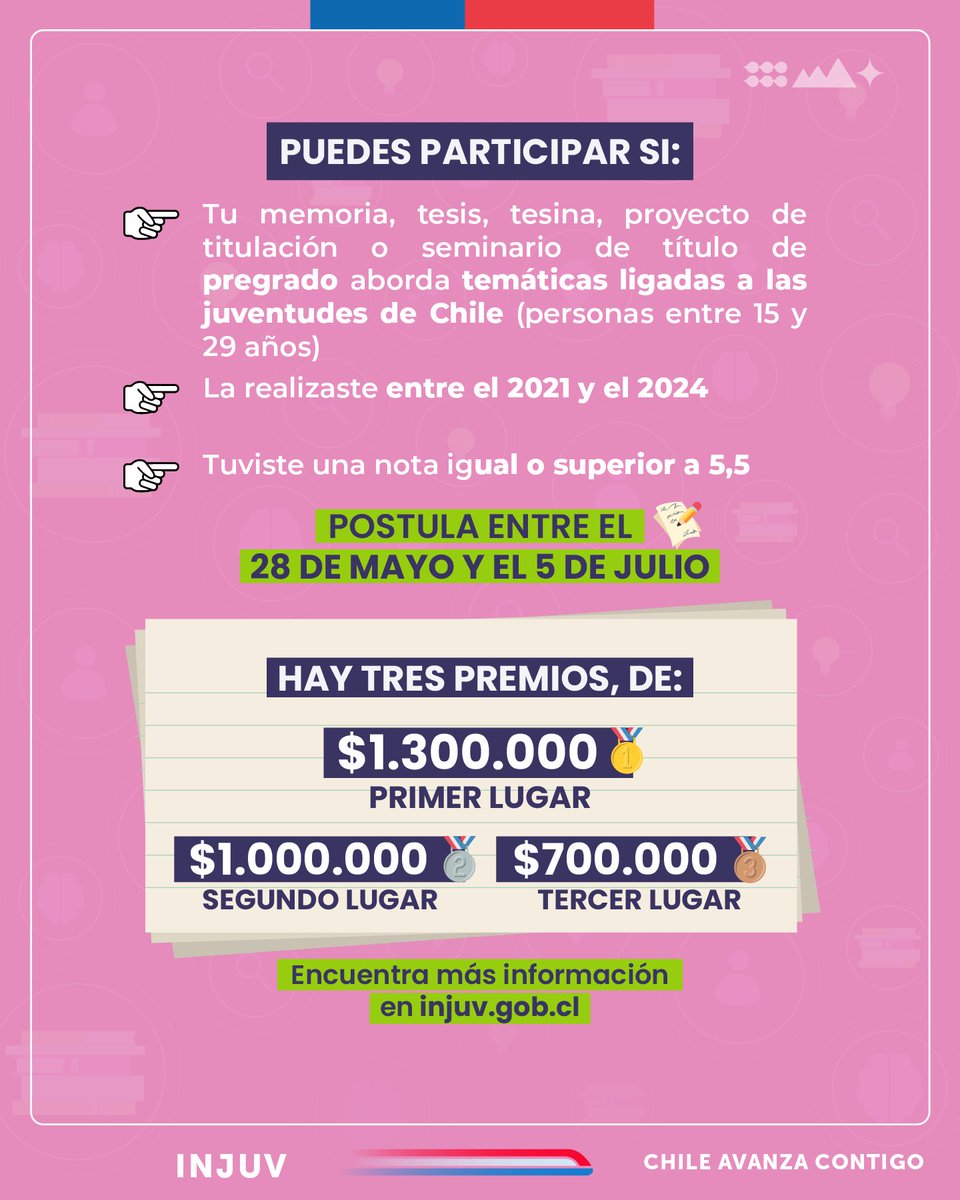 📢 Concurso Nacional de Tesis #PiensaLasJuventudes .Ingresar tu tesis, proyecto de titulación o seminario de título hasta el 5 de julio que aborde temáticas ligadas a las juventudes realizadas entre el 2021 y el 2024. 🥇$1.300.000 🥈$1.000.000 🥉$700.000 injuv.gob.cl