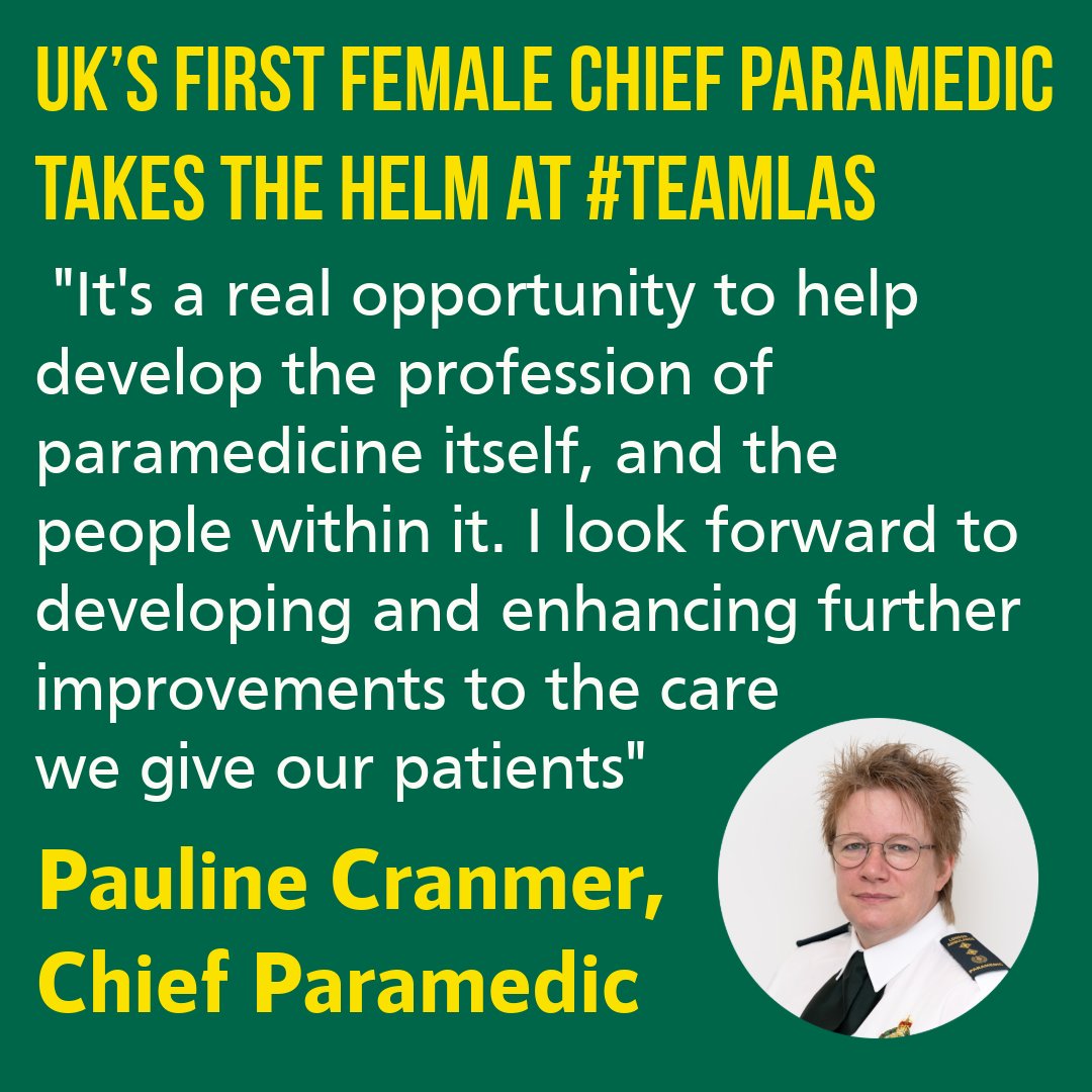 We're delighted to be appointing Pauline Cranmer as #TeamLAS Chief Paramedic, after a distinguished career spanning 30 years in London.  

This is the first time a woman has held the title anywhere in the country. Congratulations, Pauline!

Full story➡️ buff.ly/3V05qg2