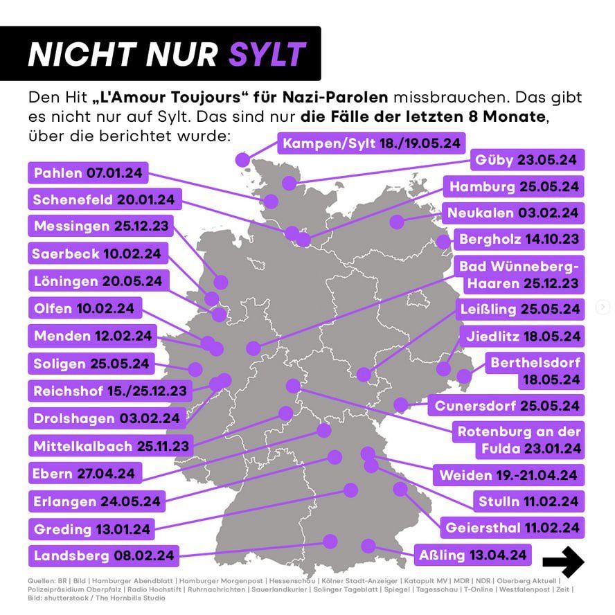 Hier ist eine Karte von Berlin, mit 111 Lila Punkten, die stehen für 111 Gruppenvergewaltigungen! Daneben ist eine Karte mit 30 Punkten, die stehen für 30 Orte in denen man angeblich den Sylt-Song gesungen haben soll?! Wäre es nicht viel wichtiger, über die Karte mit den 111