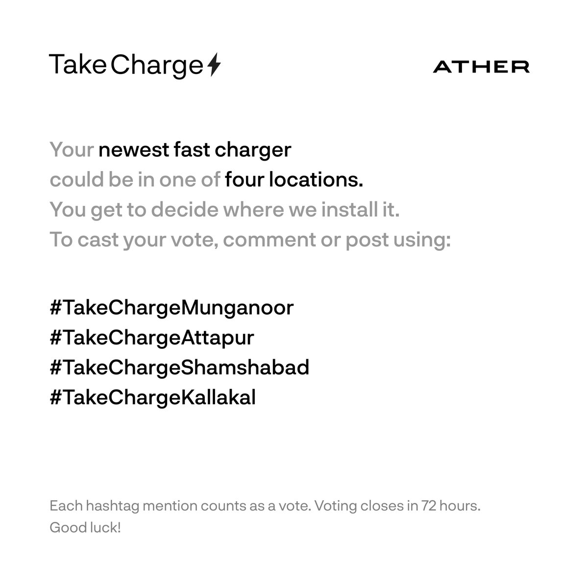 Remember to tag @atherenergy and use the hashtag of your preference to cast your vote.

#TakeCharge of your #AtherGrid, Hyderabad!

#Ather #AtherCommunity #Hyderabad #FastCharging #EVCharging