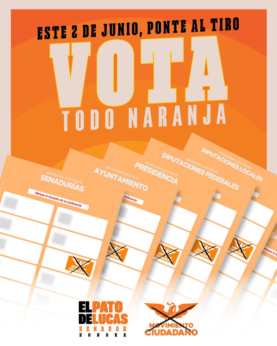 Buen miércoles y último día de campaña.

Este domingo, VOTA TODO NARANJA, para que lo bueno y lo NUEVO lleguen, ¡Pa’ todo Sonora! 

VOTA El Pato De Lucas, VOTA Movimiento Ciudadano. 🍊