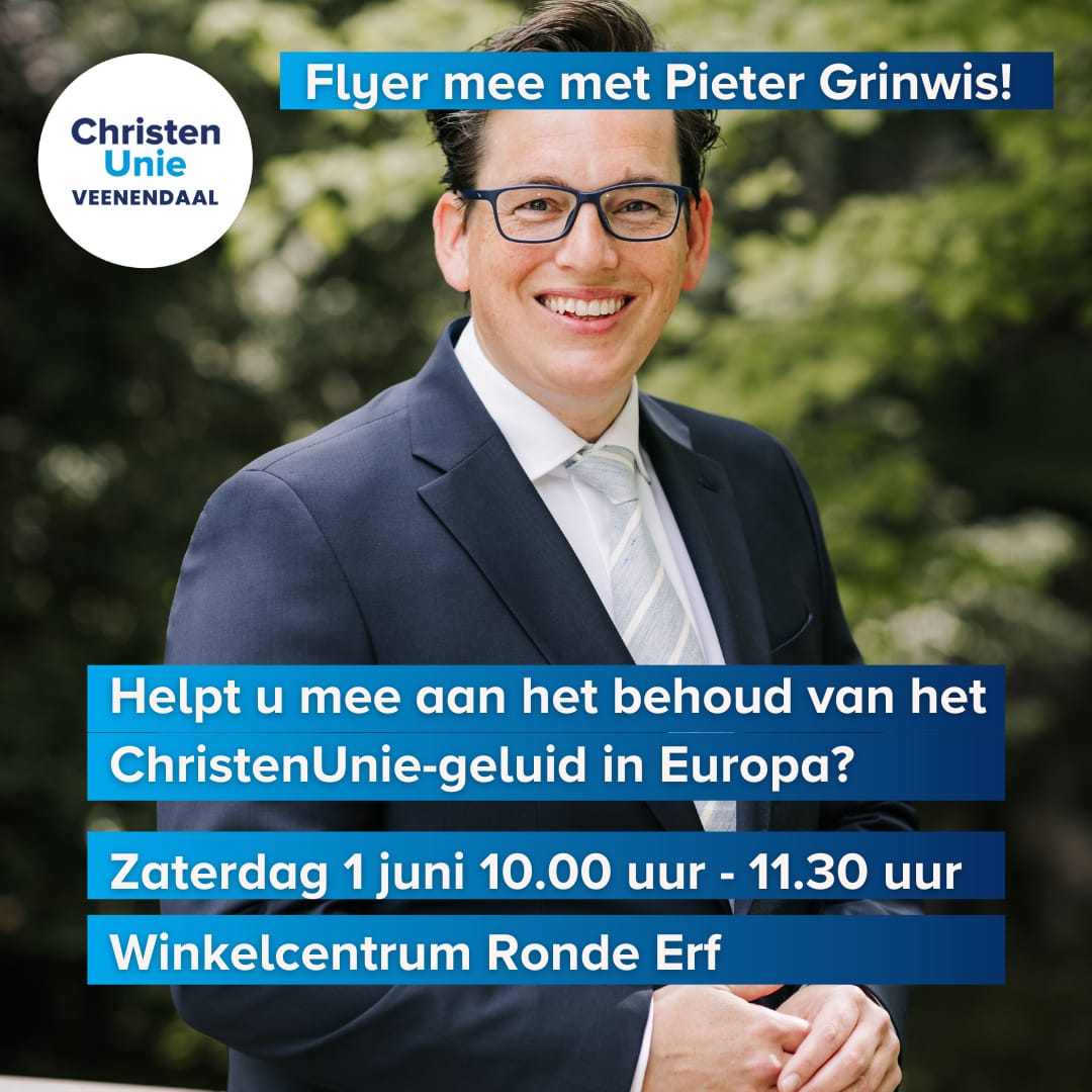 Zaterdagochtend 1 juni komt <a href="/Pieter_Grinwis/">Pieter Grinwis</a> naar #Veenendaal. Om 10.00 uur verzamelen we bij winkelcentrum Ronde Erf. Wij gaan samen met Pieter de wijk rondom Ronde Erf in om bij zoveel mogelijk huizen een flyer te bezorgen. Om 11.30 uur zwaaien we Pieter weer uit. #ChristenUnie
