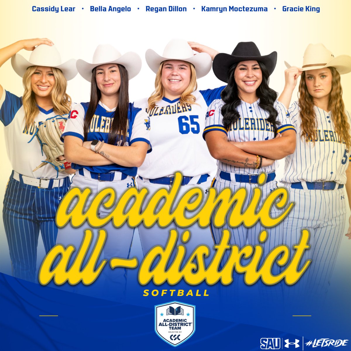 📚🥎🧠𝑮𝒐𝒕 𝒐𝒏 𝒐𝒖𝒓 𝒕𝒉𝒊𝒏𝒌𝒊𝒏𝒈 𝒄𝒂𝒑𝒔 🤠

👏💙💛 Congrats to these 5️⃣ from #team26 on being named CSC Academic All-District‼️

#GoMuleriders #LetsRide