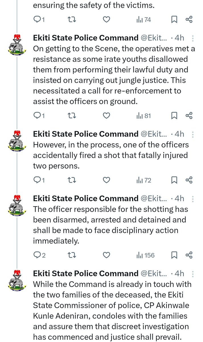 Ekiti police reportedly arrest the officer responsible for killing two men at Omisanjana yesterday Night