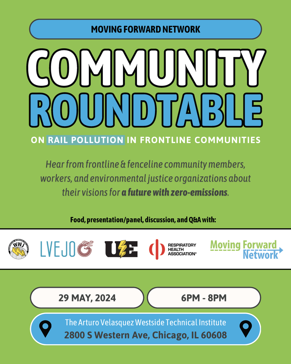 Join us for a community roundtable on May 29, 2024, at 6:00 p.m. on the urgent issue of rail pollution and its impacts on frontline communities, communities of color, workers, and their families.