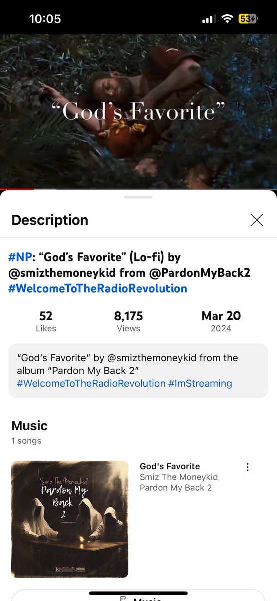 “God’s Favorite” Lo- fi) promo video by @smizthemoneykid from “Pardon My Back 2” is at 8k+ views & counting on @youtube in 2 months @YouTubeCreators 👏👏👏 album/single streaming on @youtubemusic all digital platforms & the @blockchain sites like @Aurovine & @audius 💪🙌🫡🥂
