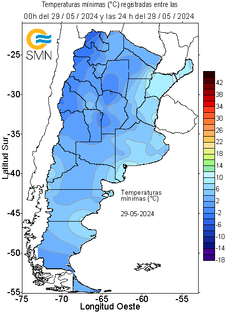 🥶Las temperaturas más bajas esta mañana se registraron en la mitad norte del país: La Quiaca -6 Santa Rosa de Conlara -3,3 Villa de María -2,6 Salta -2 San Juan -1,8 Córdoba -1,4 Uspallata-1,3 Santiago del Estero -1,2 Jáchal -1 Río IV° -0,8 Villa Reynolds -0,7 Tinogasta -0,5