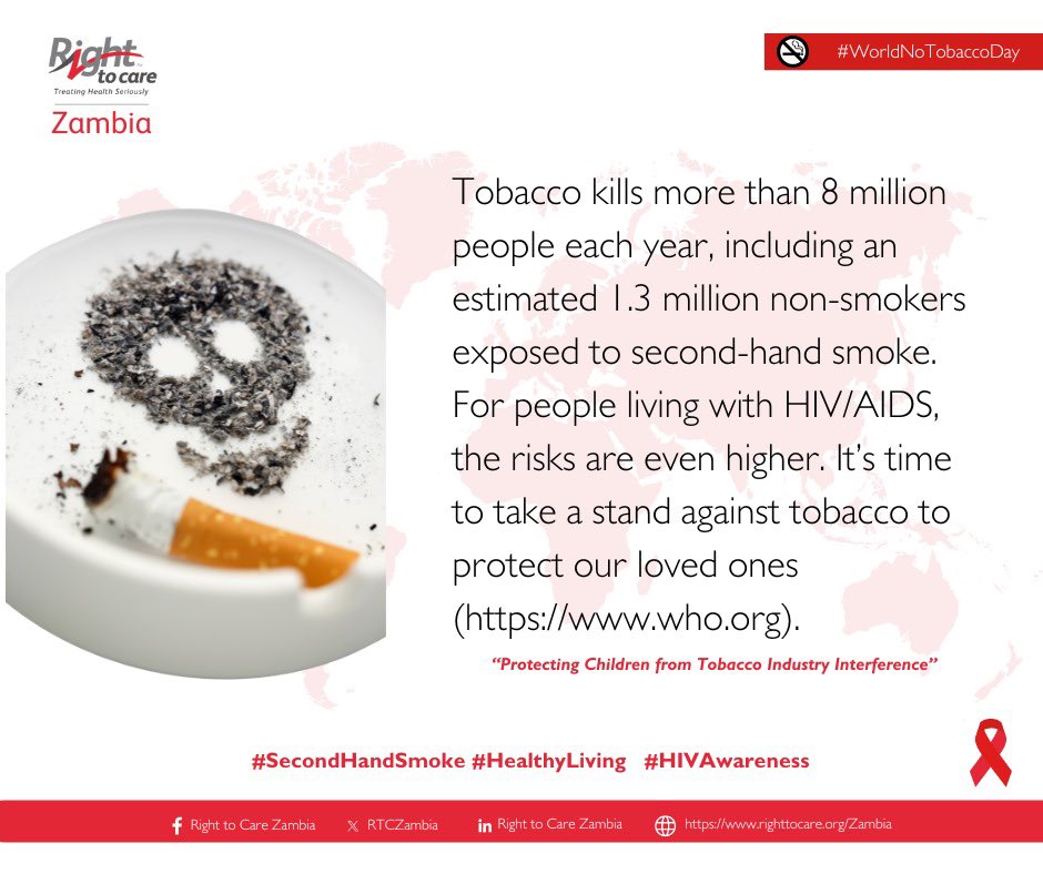 Tobacco kills more than 8 million people each year including an estimated 1.3 million non smokers exposed to second hand smoke.
Stand against tobacco and  protect your loved ones.
#worldnotobaccoday2024 #secondhandsmoke #HIVawareness