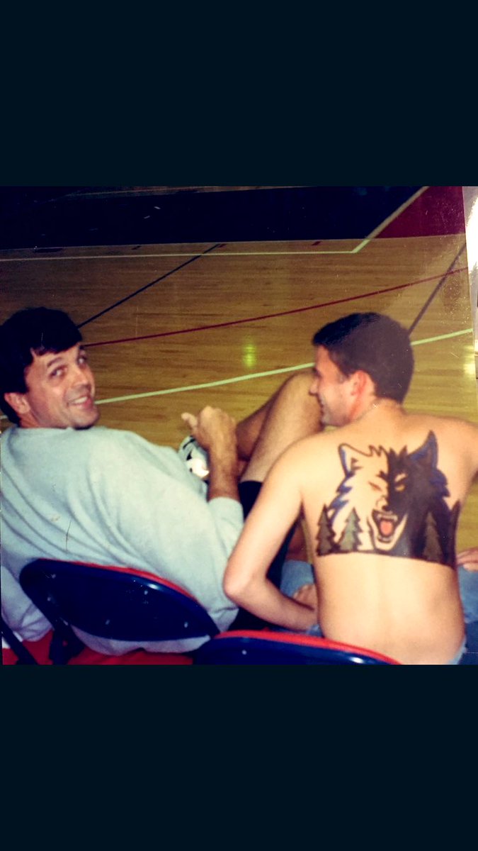 anthony_downs's tweet photo. Many years ago the Timberwolves had training at my college. I got in (friends with the security guy) and made myself at home.  #Howl #NoShirtNoProblem #Muscles #Wolvesback https://t.co/NHWKQbnaX4