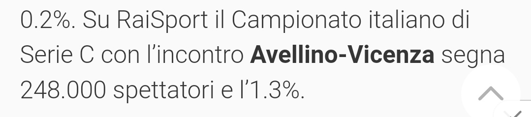 L'1.3% di share per Avellino Vicenza con 248.000 spettatori su Rai Sport.
Rai che trasmetterà anche il ritorno del medesimo match di play off, snobbando in toto l'altra SF.
Scelta non correttissima, forse dettata dagli ottimi ascolti di ieri.