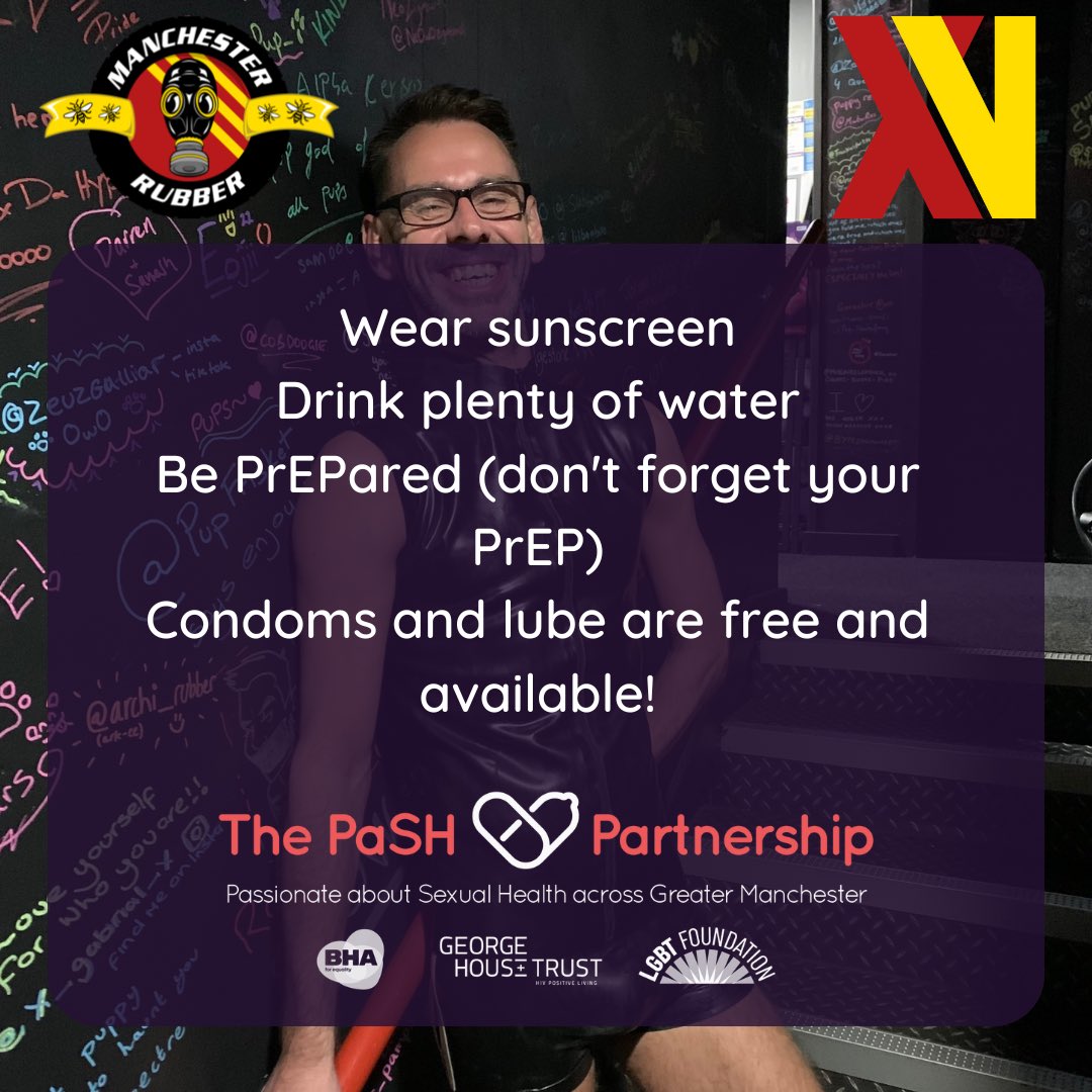 It’s @mancrubber weekend from 30th May to 3rd June. Have the best time - remember to stay hydrated, don’t forget your PrEP and that condoms and lube are free and available at events and venues. #ManchesterRubber #MRW15 #ManchesterRubberWeekend