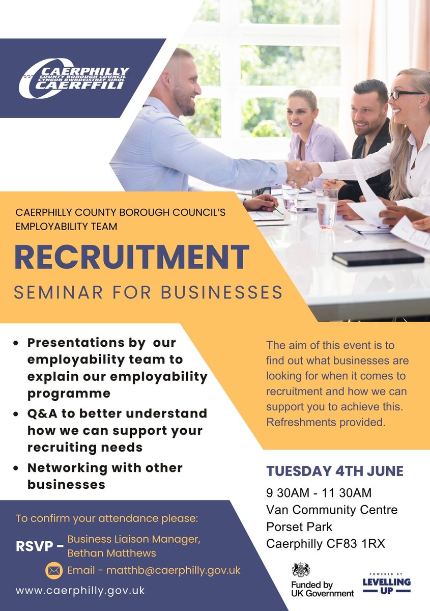 Recruitment Seminar for Businesses in Caerphilly Borough, Tuesday 4th June. The event is to see what businesses need when it comes to recruitment and how you can be supported. @CaerphillyCBC @CaerphillyObsvr @CaerphillyBC @CaerphillyRegen #recruitment #caerphillyemployment