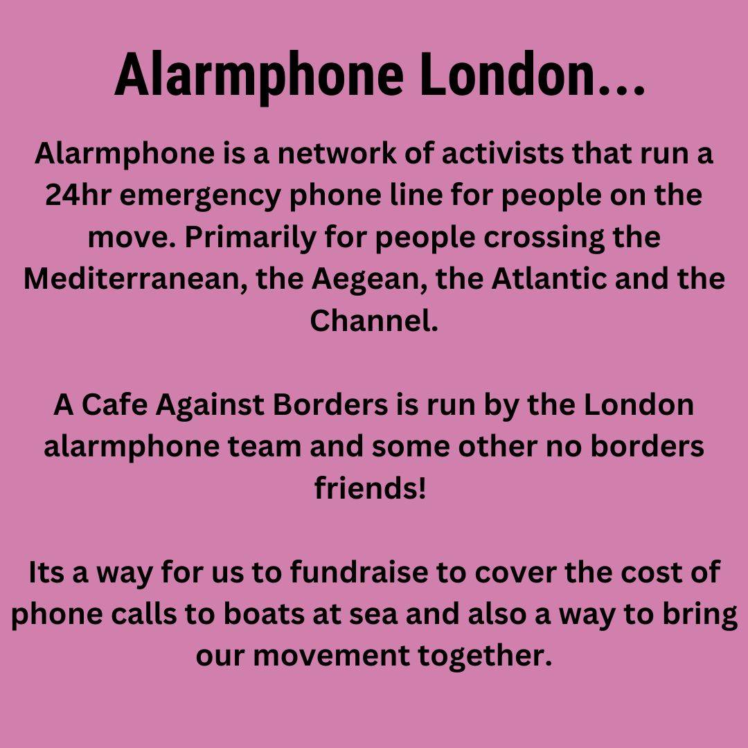 THIS FRIDAY: A Cafe Against Borders☕️ 🍲Pay as You Feel hot food & drinks! 🫂 Be in community with friends and co-resisters 📍LARC, 62 Fieldgate Street, London E1 1ES 🕑 31/5, 6:30-10pm All donations go to support the vital work of @alarm_phone!