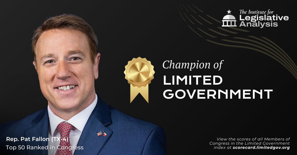 I'm deeply honored to be named a Champion of Limited Government! Based on a major study of nearly 65,000 votes, this award is given to the top 50 Members of Congress whose voting records are best aligned with our constitutional principles of limited government.