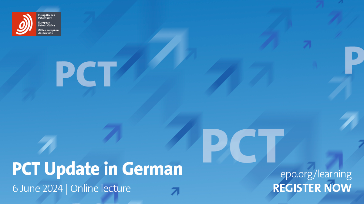 Looking for information on PCT procedures at the EPO as a German speaker? You're at the right place! 🇩🇪 Don't miss our exclusive online lecture in German on 6 June. Register today: bit.ly/3JOZsta #IPTraining