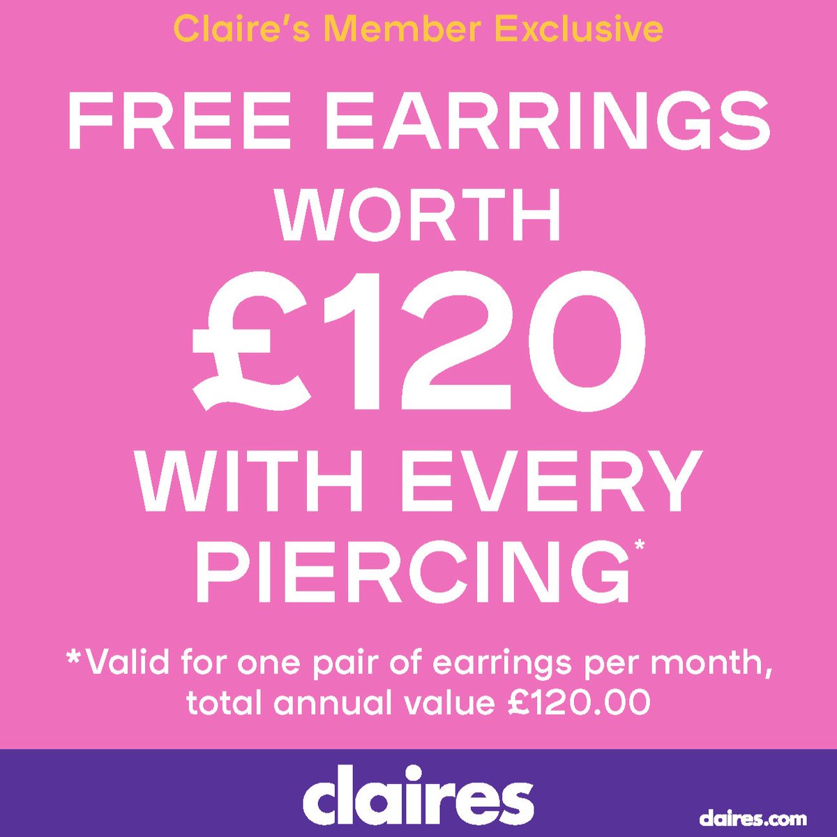 Join @claires for a Piercing Party on Thursday 30th May and Saturday 1st June and receive free earrings worth £120 with every piercing! Plus there will be goody bags, sparkle makeovers and sweet treats for shoppers when they get a piercing in store.