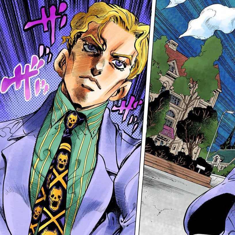 Es un tanto gracioso que en el manga coloreado Kira use exactamente la misma ropa que antes como Kosaku. Quizás ese traje y la corbata de calaveras gatunas eran muy populares entre los hombres de Morioh (?