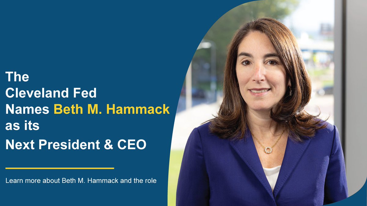 The Cleveland Fed is pleased to announce that Beth M. Hammack will be our next president and CEO, beginning August 21, 2024. Congratulations, Beth! View the full announcement: clefed.org/3wU6f1Q