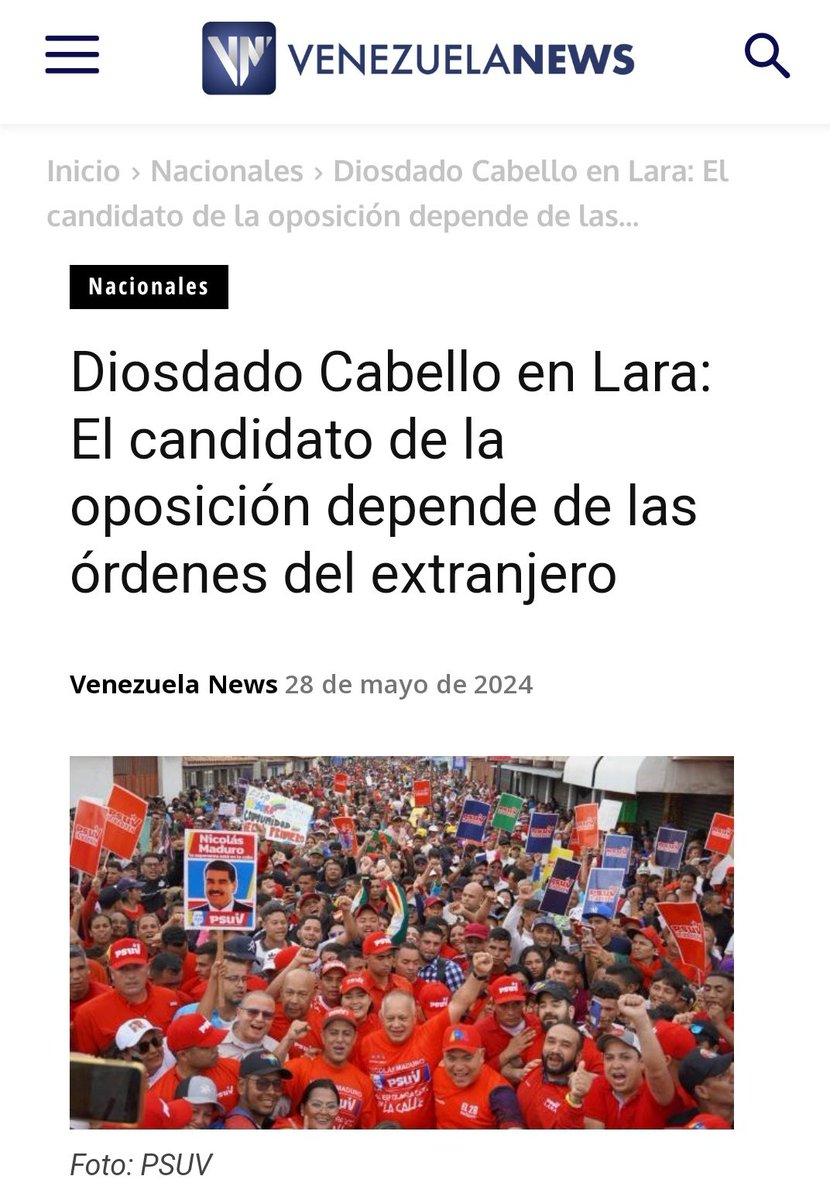 El primer vicepresidente del @PartidoPSUV, @dcabellor, señaló a través de una marcha en apoyo al presidente Nicolás Maduro, desarrollada en Lara, que la tolda opositora es débil y no tiene carácter. #UnidosDeCorazón venezuela-news.com/diosdado-cabel…