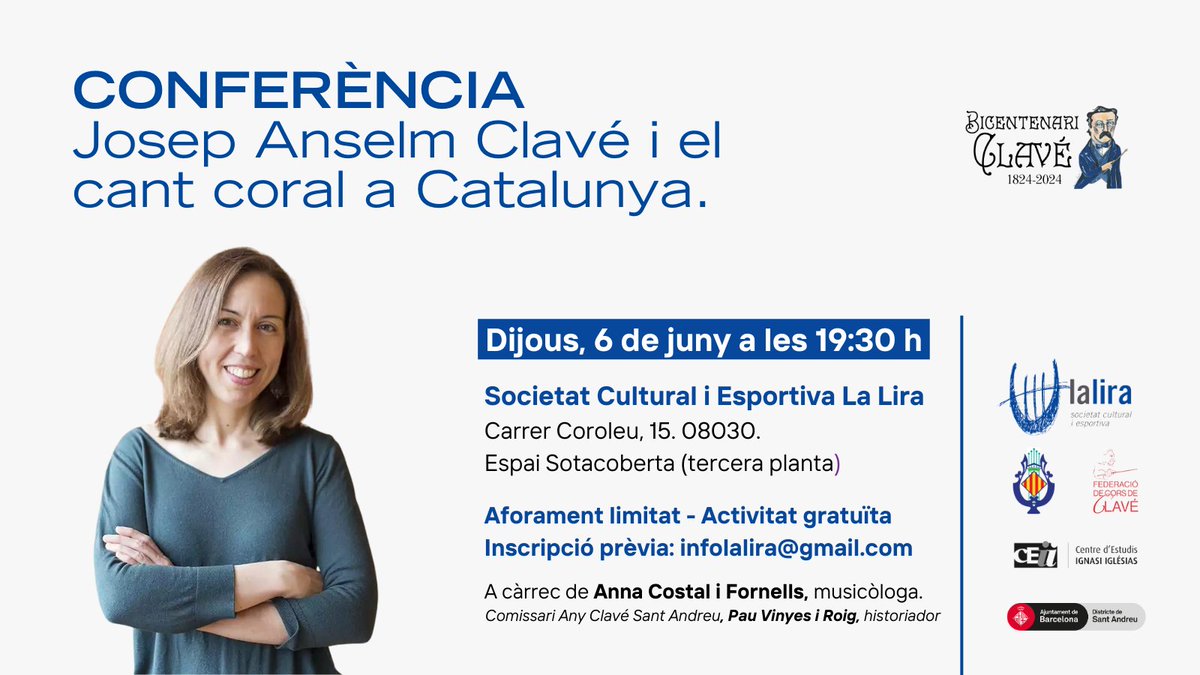 La @SCELaLira acull el #BicentenariClavé de #SantAndreu de Palomar 🎶

👥L'historiador @pauvinyes com a comissari i el @CEIIglesias com a col·laborador.

Aquesta conferència, a càrrec de la musicòloga @CostalFornells , forma part de la programació anual que s'ha preparat 👇