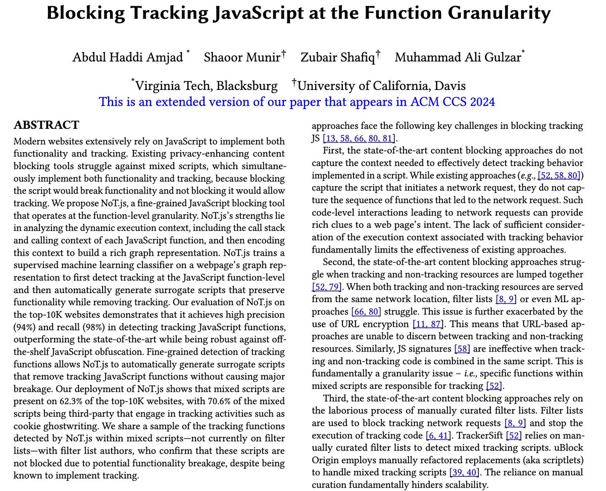 📢Concerned about web tracking by JavaScript? Check out Not.js, our framework that detects and neutralizes tracking functions automatically. Our (@zubair_shafiq, @mali_gulzar, @Shaoor_Munir) work accepted to @acm_ccs 2024! Stay tuned for more!
Pre-print🚨: arxiv.org/abs/2405.18385