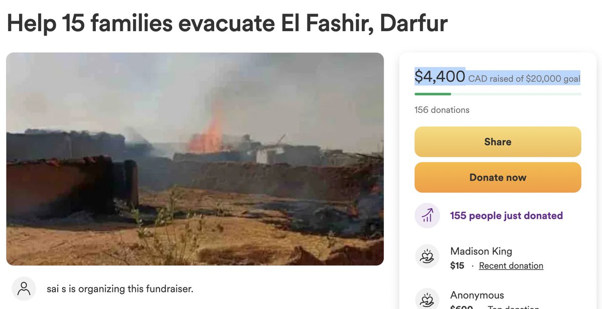 $15,600 is needed to evacuate 15 families out of Darfur, Sudan. Please share and donate to @sighahh's fundraiser. #EyesOnDarfur 👇🏾