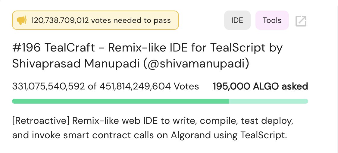 ▓▓▓▓▓▓▓▓▓▓▓▓▓▓▓░░░░░ 75% 

Hello XGov's, 
Now is the time to support @tealcraft.