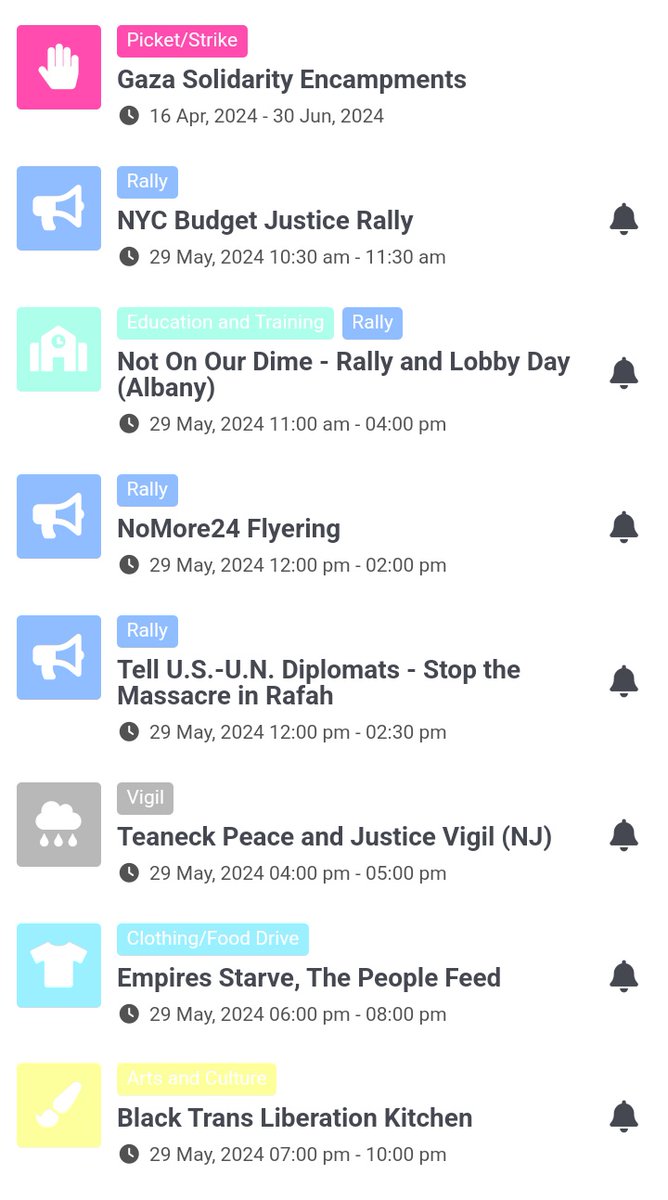 Tons of demonstrations for Rafah, Gaza, and Palestine continue this week (among other topics), in addition to multiple repeating ones happening each day. As usual, we're updating our (sometimes slow) calendar as much as we can, and also boosting events on our IG stories.