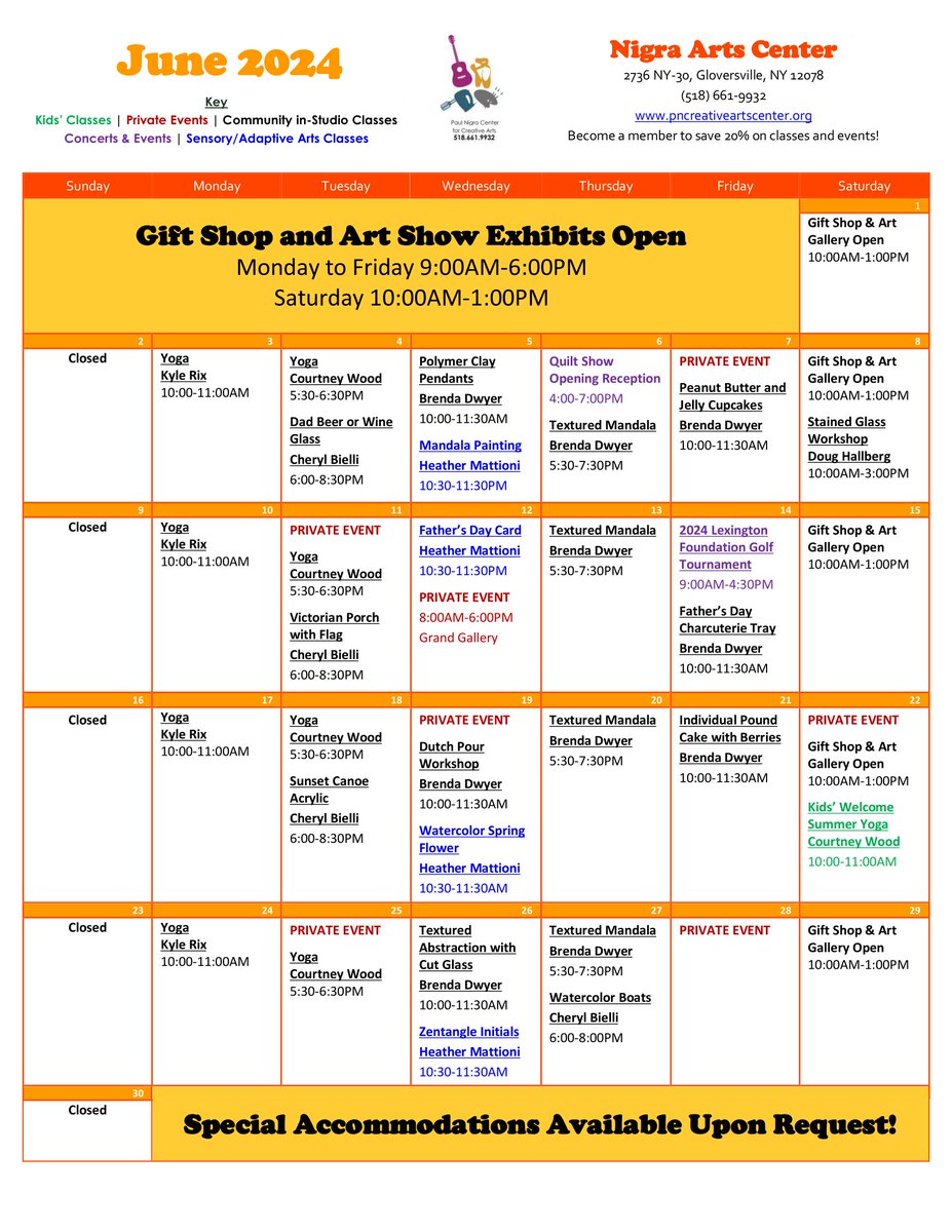 June is around the corner! Be sure to add some of the #NigraArtsCenter's classes &amp; events to your schedule this month. Golfers are also invited to support us at the Lexington Golf Tournament on June 14! For details &amp; to sign up, call 518-661-9932 or visit bit.ly/PNCCAEvents.