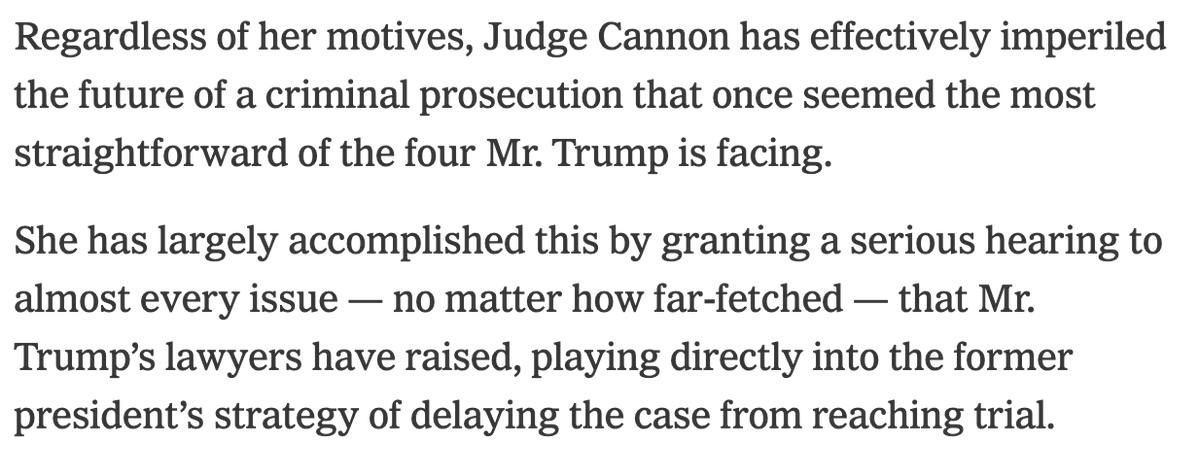 From today's NYT profile of Aileen Cannon. It makes me think of a story I flubbed 30 yrs ago, in which I knew off-the-record what was really happening in a court-martial but couldn't pin it down. Seems like reporter here is chafing at not being able to say the obvious.