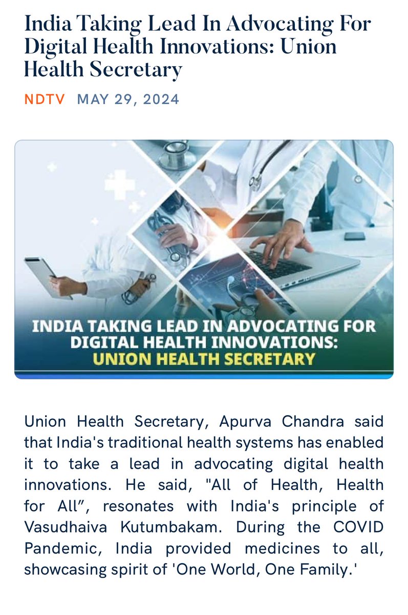 India Taking Lead In Advocating For Digital Health Innovations: Union Health Secretary
 swachhindia.ndtv.com/india-taking-l…

via NaMo App