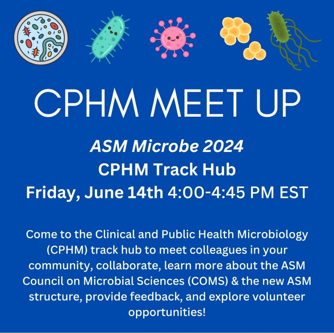 1/ Are you going to ASM Microbe 2024? Do you work or train in clinical or public health microbiology (CPHM)?

If you answered yes to these things, join us for the ASM Council on Microbial Sciences CPHM meet up on Friday, June 14th!