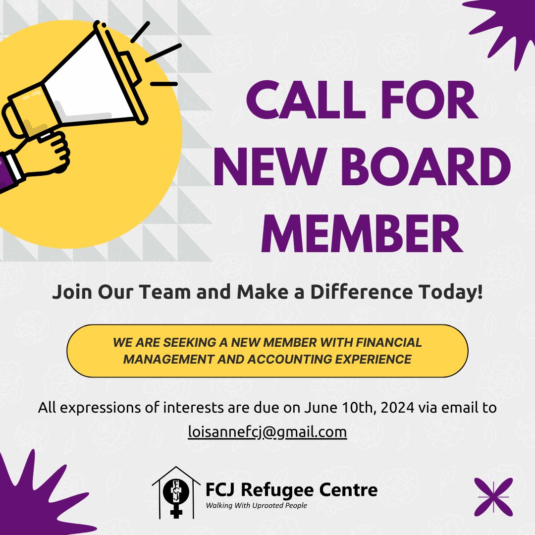 FCJ Refugee Centre is seeking a new member for the organization’s Board of Directors, with financial management and accounting experience. This is a key volunteer position with a vital role in supporting our organization’s financial health: fcjrefugeecentre.org/2024/05/call-f…