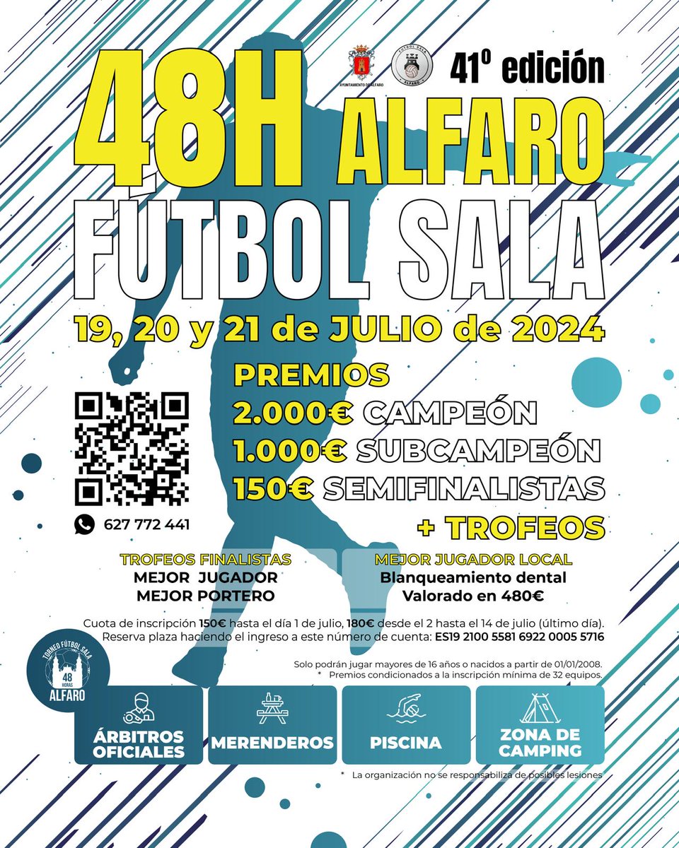 Cartel oficial de las 4️⃣8️⃣horas de Alfaro 2️⃣0️⃣2️⃣4️⃣

¡Apúntate bien las fechas!
1️⃣9️⃣, 2️⃣0️⃣ y 2️⃣1️⃣ de julio.

💣MÁS PREMIO ⬆️, misma inscripción 

🥳 INSCRIPCIÓN ABIERTA 👌
linktr.ee/48horasalfaro o sigue el QR y apúntate. Rápido que son plazas limitadas
