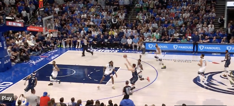 I've watched this Luka pass 15 times. I think it's the best alley-oop I've ever seen?  

When the ball leaves Luka's hands, Jones Jr's right foot is still *behind* the three-point line! The play in this screenshot ends with a dunk!