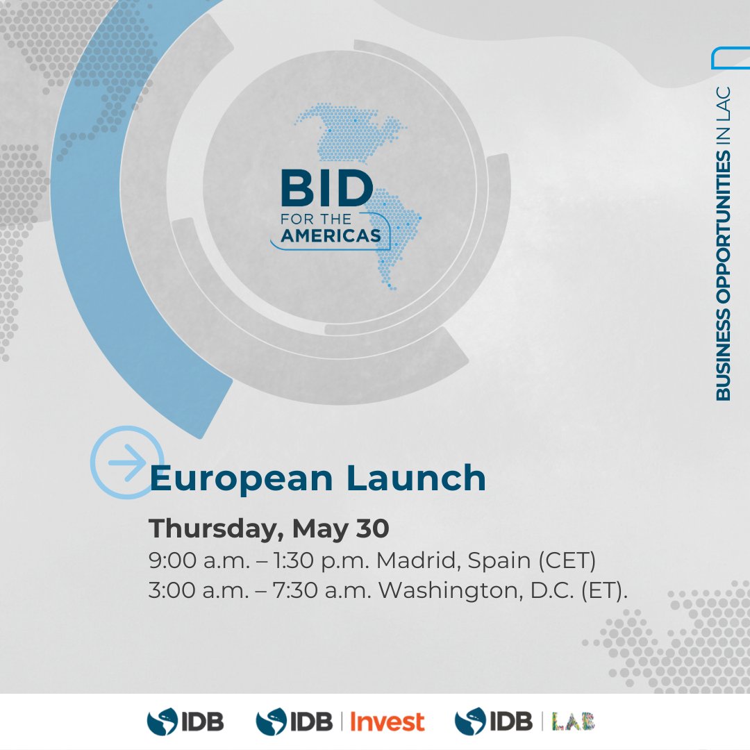 📆 TOMORROW | Join us at 9 a.m. Madrid time for the European launch of #BIDfortheAmericas.🤝Learn how European companies can deepen their #Trade and #Investment ties in #LatinAmerica and the #Caribbean, while #ImprovingLives with us at the IDB! 🔗 Tune in: bit.ly/3yu3XXQ
