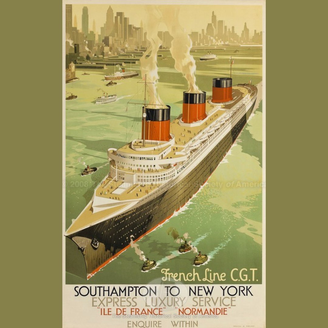 On May 29, 1935, the French Line's Normandie made her maiden voyage.

Image: French Line poster, c. 1935. Stephen Barrett Chase Collection, SSHSA Archives.

#OTD #OnThisDay #ThisDayInHistory #shiphistory #FrenchLine #Normandie