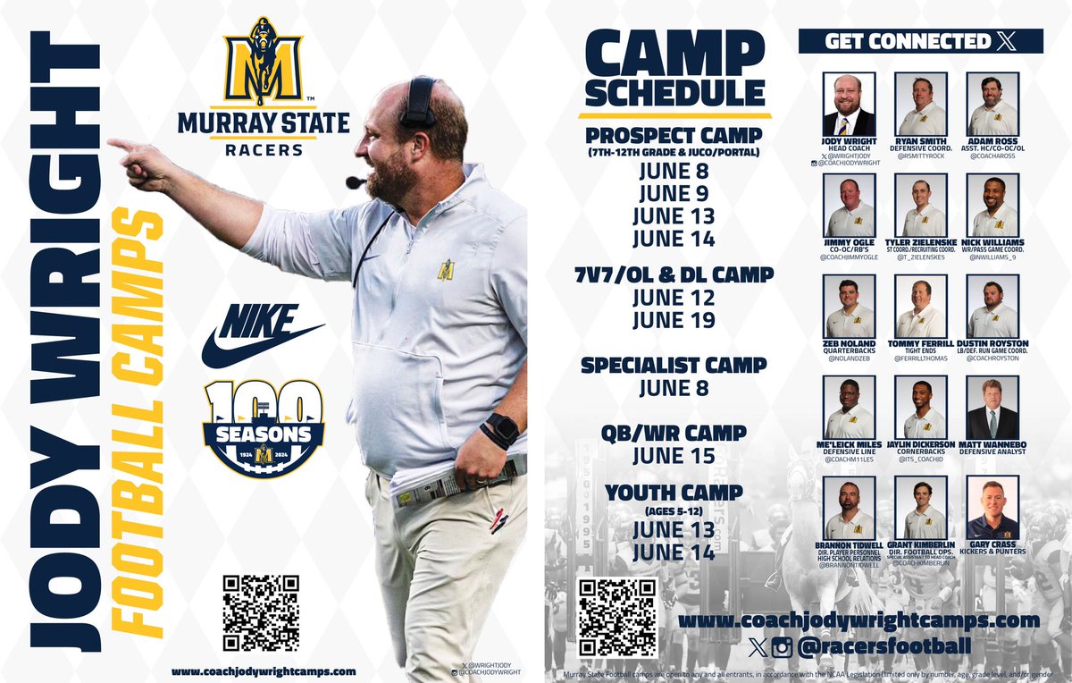 Big Summer in Murray, KY - come be Great!!! Our Staff is excited to work with YOU!! @racersfootball #GoRacers 🏇 #FindAWay #FootballCamp coachjodywrightcamps.com