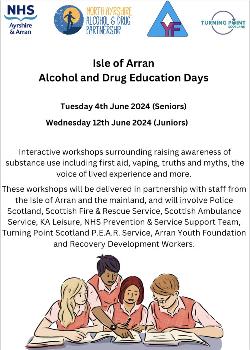 Less than a week to go until our first of two alcohol and drug education days over at Arran High School! <a href="/PSST_NHSaaa/">Prevention & Service Support Team</a> <a href="/Arran_yf/">ArranYouthFoundation</a> <a href="/NAyrshirePEAR/">Turning Point Scotland North Ayrshire P.E.A.R</a> <a href="/NAC_Education/">North Ayrshire Education</a> <a href="/KALCommunity/">KA Leisure Community</a>