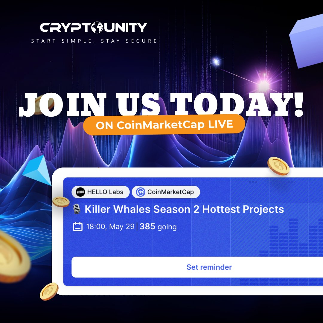 Going LIVE on CoinMarketCap in 1 HOUR!🚀

Join us as we present #CryptoUnity to the <a href="/CoinMarketCap/">CoinMarketCap</a> and <a href="/thehellolabs/">HELLO Labs</a> communities. Don’t miss our pitch about our vision and what sets us apart!

📅 Today, May 29
⏰ 6 PM CET
🔗 Listen here: coinmarketcap.com/community/post…

See ya there!🚀