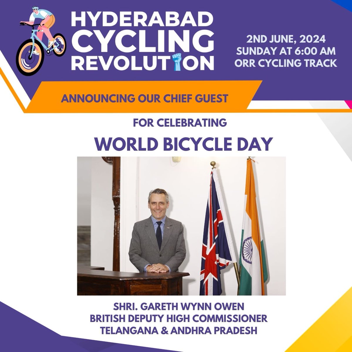#HyderabadCyclingRevolution inviting the #cyclingCommunityofHyderabad to celebrate #WorldBicycleDay 2024 at @HydCyclingTrack  @md_hgcl 

Thanks Shri @UKinHyderabad for being our chief guest 

@TelanganaCMO  @sselvan @HumansofHyd  @Anjani_Tsn @Ravi_1836 @Andrew007Uk @UKinIndia